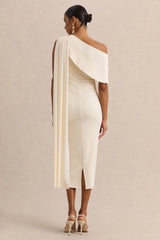 Madelisse | Cream Asymmetric-Neck Midi Dress With Sash