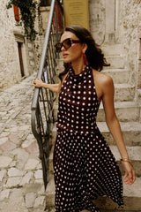 Lirona | Brown Polka-Dot Satin High-Neck Top