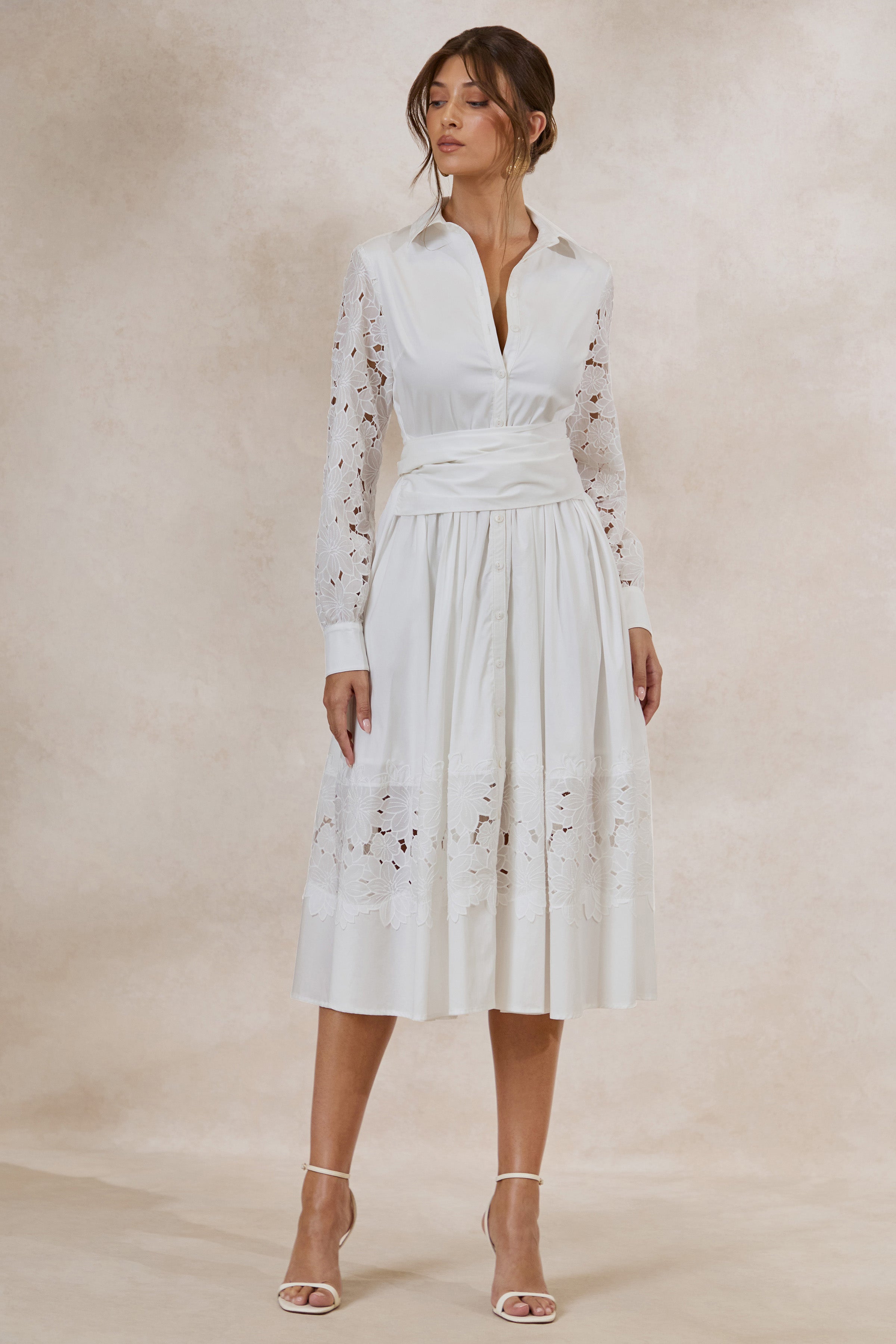 Zalynne | White Broderie Collared-Neck Midi Dress