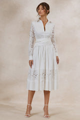 Zalynne | White Broderie Collared-Neck Midi Dress