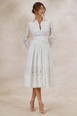 Zalynne | White Broderie Collared-Neck Midi Dress