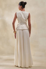 Lerenza | Cream Satin Wide-Leg Pleated Trousers