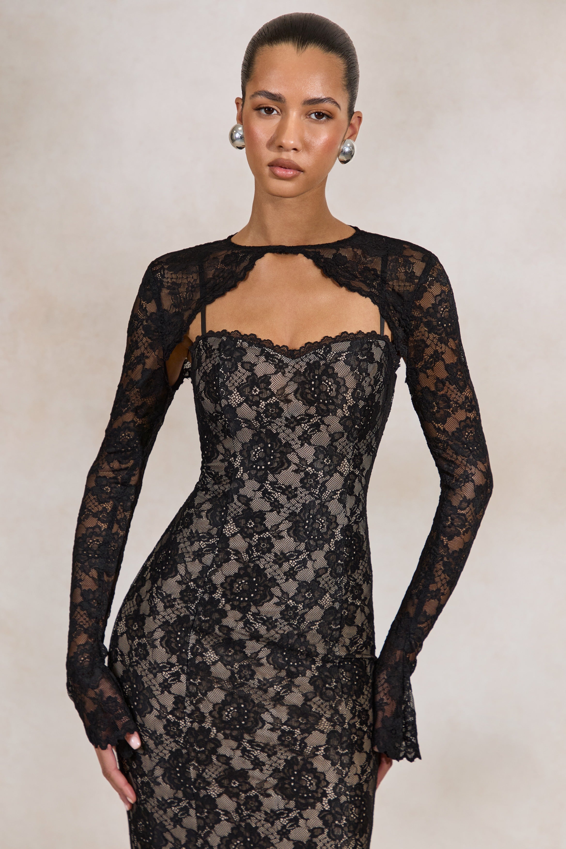 Mirellia | Black Lace Sweetheart-Neck Maxi Dress