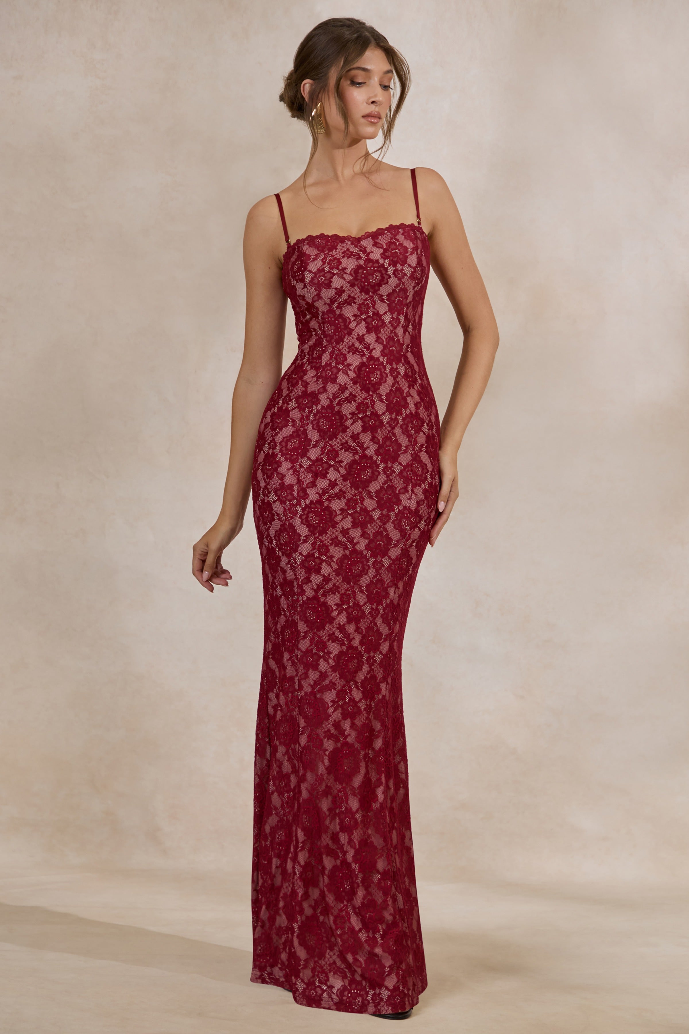 Mirellia | Dark Red Lace Sweetheart-Neck Maxi Dress