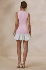 Aradia | Pink & White Crew-Neck Mini Dress With Ruffled-Detailing
