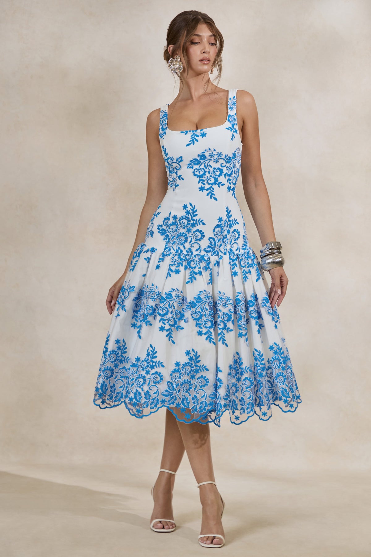 Mayra | Blue Lace Square-Neck Midi Dress With Voluminous Skirt
