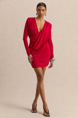 Ajana | Red Plunge-Neck Wrapped Mini Dress