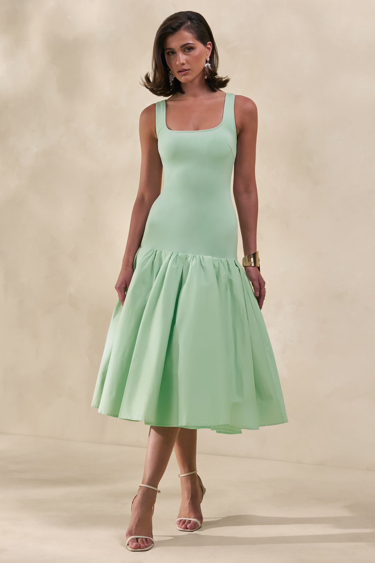 Nanette | Mint Square-Neck Midi Dress With Voluminous Skirt