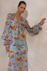 Alveta | Blue Floral Chiffon Sheer V-Neck Top With Ruffled Detailing