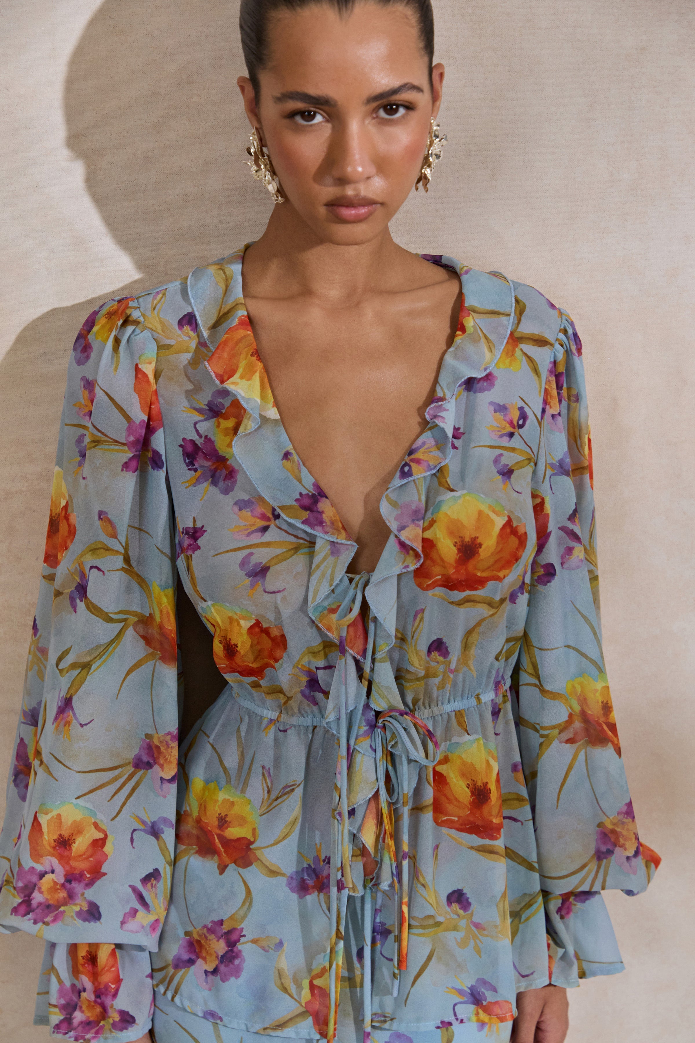Alveta | Blue Floral Chiffon Sheer V-Neck Top With Ruffled Detailing