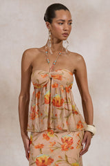 Flaviah | Orange Floral Print Mesh Halter-Neck Top