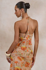 Flaviah | Orange Floral Print Mesh Halter-Neck Top