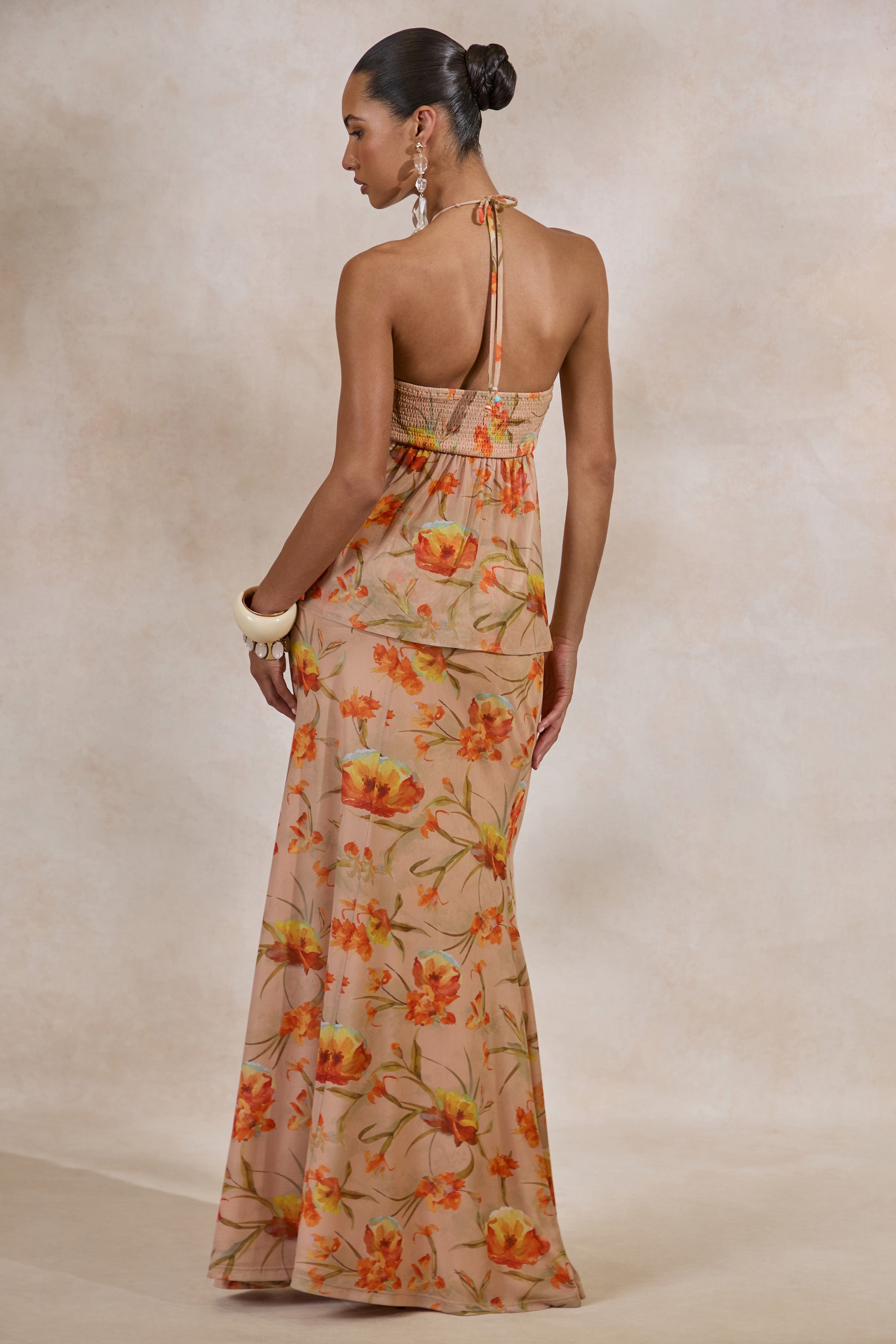 Flaviah | Orange Floral Print Mesh Maxi Skirt