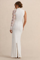 Hartley | White High-Neck Maternity Maxi Dress With Lace Detailing