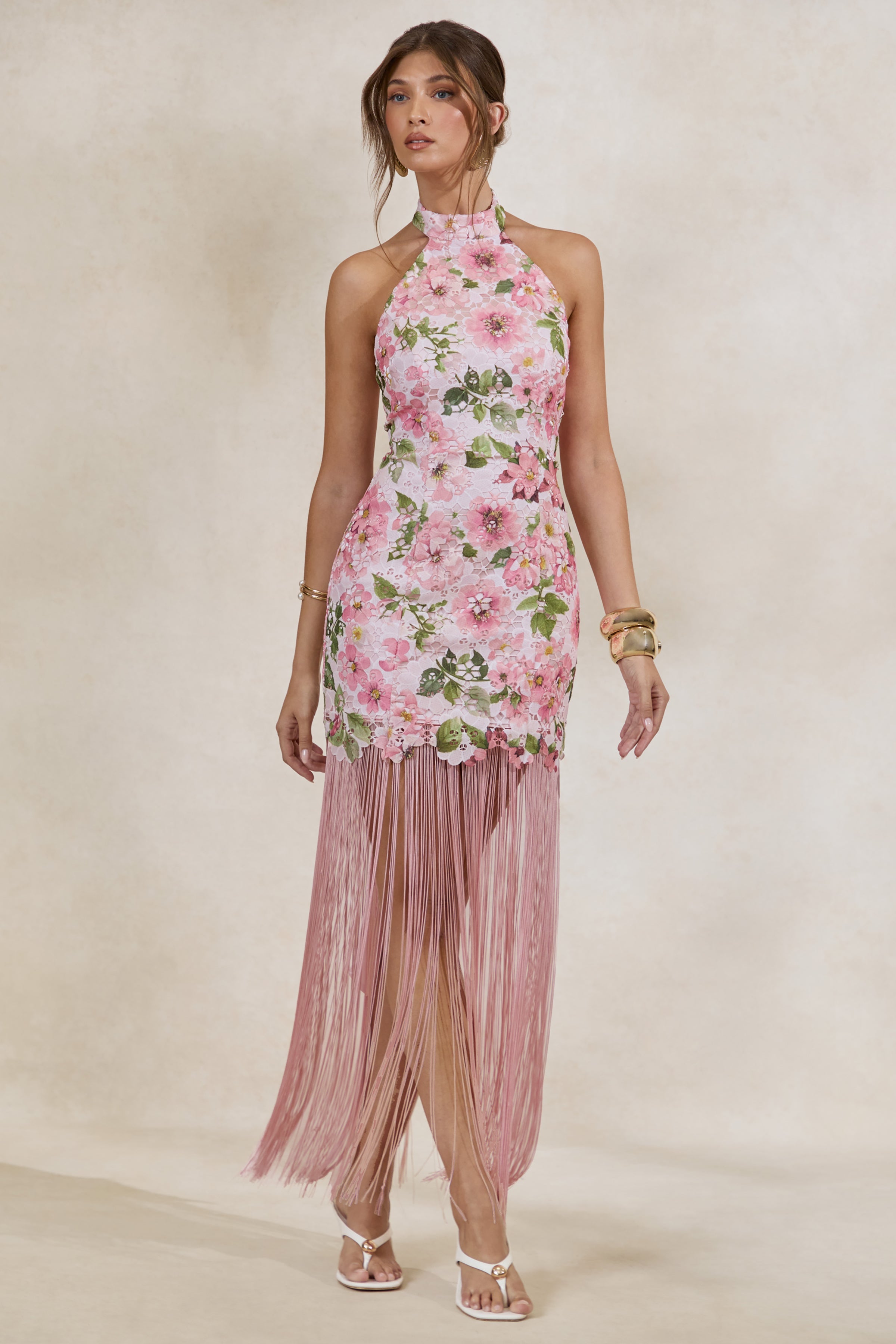 Lerisa | Pink Floral Print Lace Halter-Neck Fringed Maxi Dress