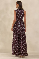 Kelis | Brown Polka-Dot High-Neck Maxi Dress With Draped Detailing