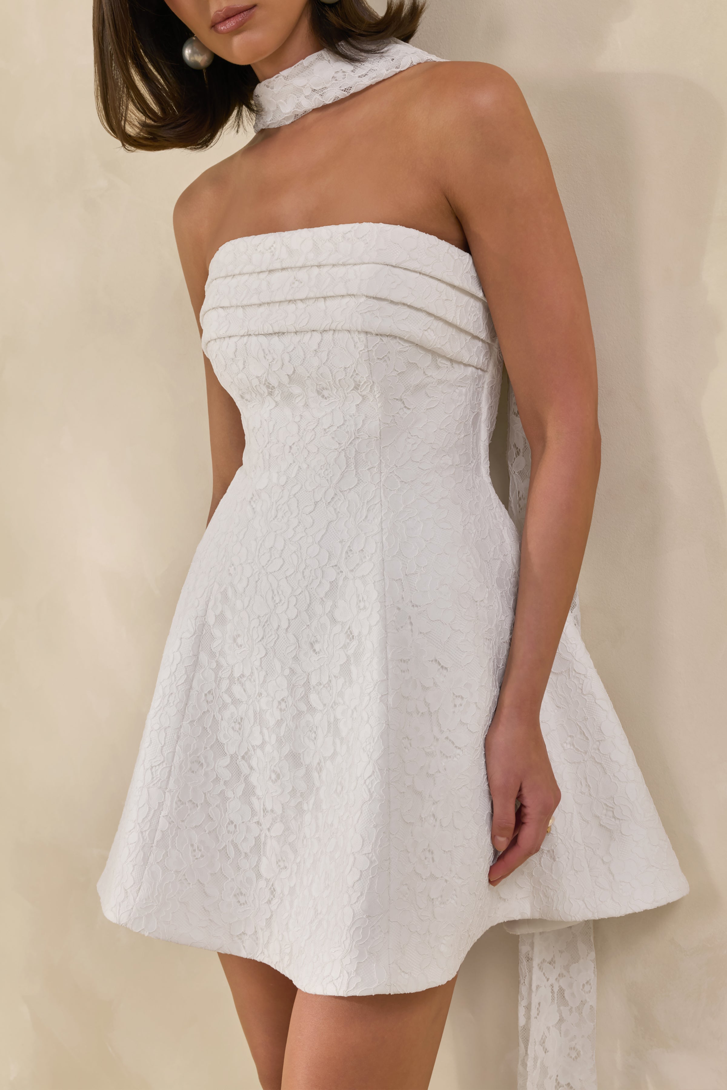 Elvara | White Lace Bandeau-Neck Mini Dress With Scarf Detail