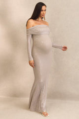 Pomeline | Champagne Hotfix Bardot-Neck Maternity Maxi Dress