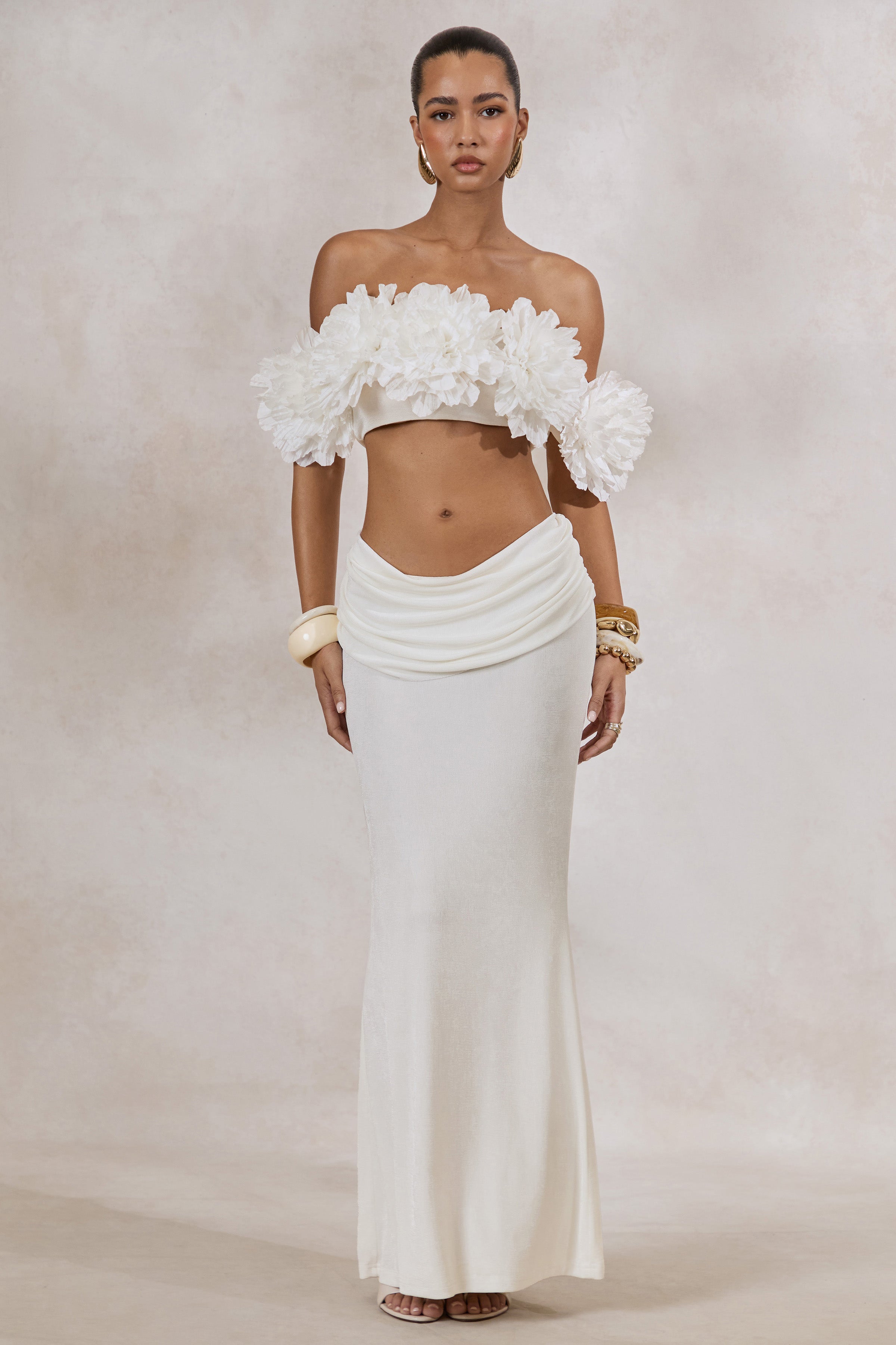 Arwenne | White Bardot-Neck Crop-Top With Corsage Detailing