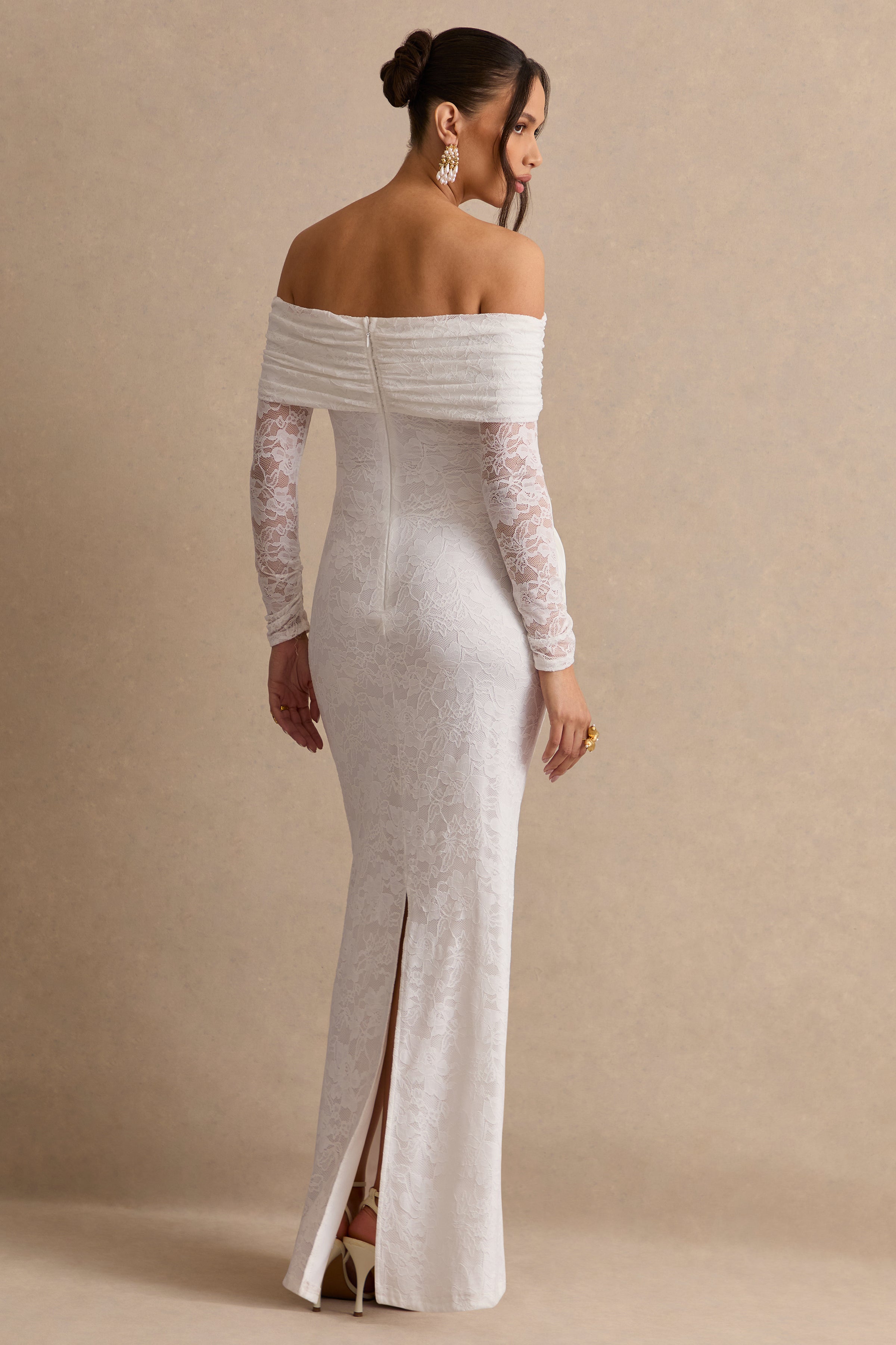 Solina | White Lace Bardot-Neck Maternity Maxi Dress With Bow Detail