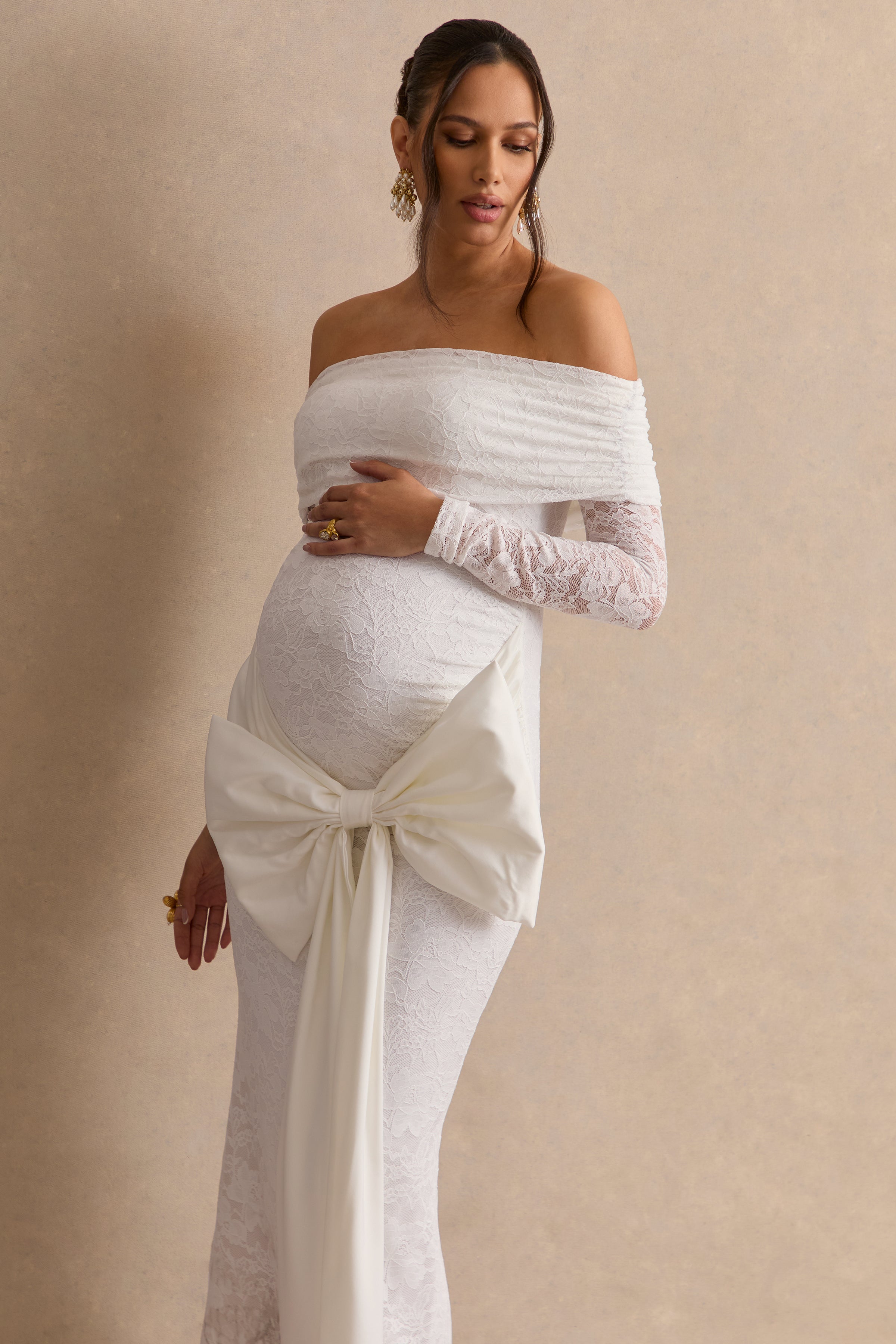 Solina | White Lace Bardot-Neck Maternity Maxi Dress With Bow Detail