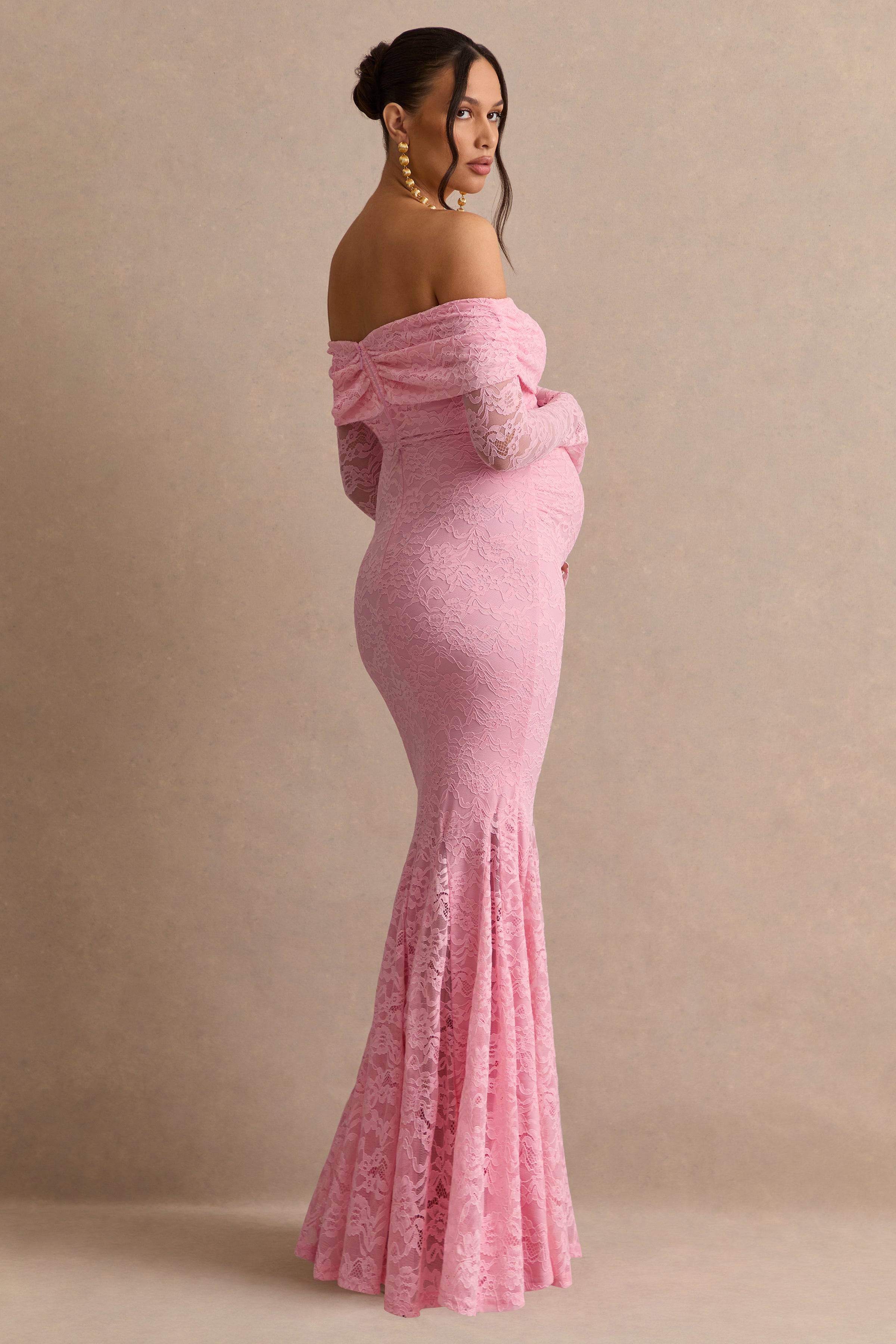 Valleria | Light Pink Lace Bardot-Neck Maternity Maxi Dress