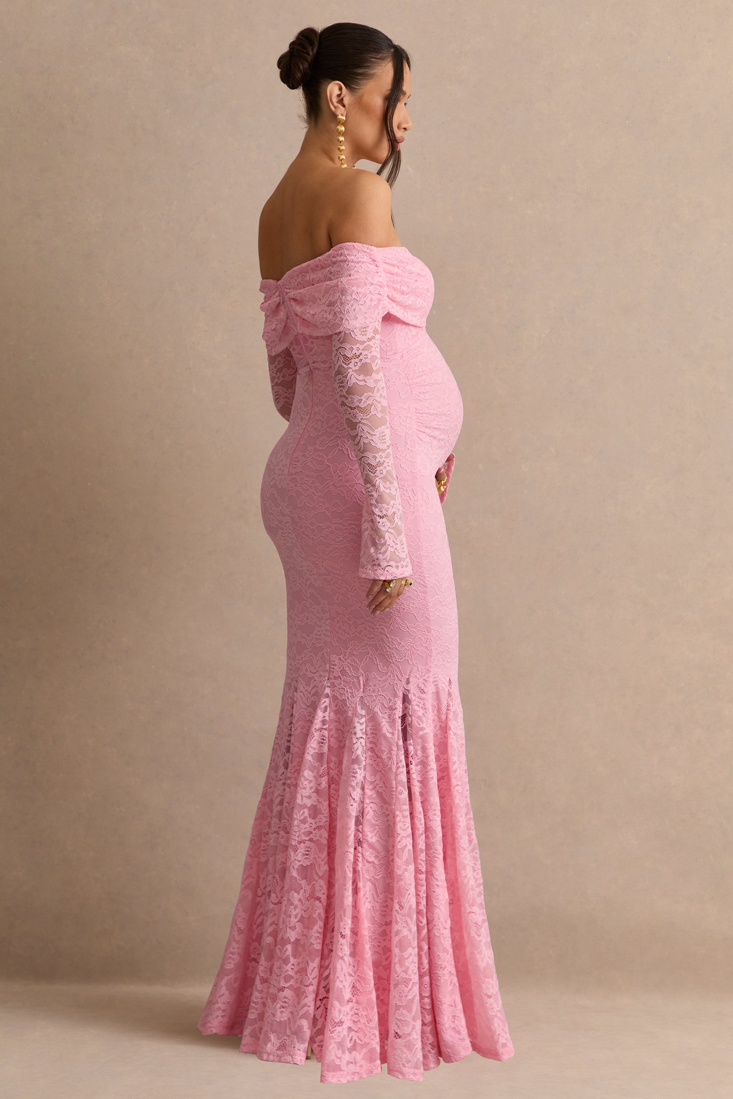 Valleria | Light Pink Lace Bardot-Neck Maternity Maxi Dress