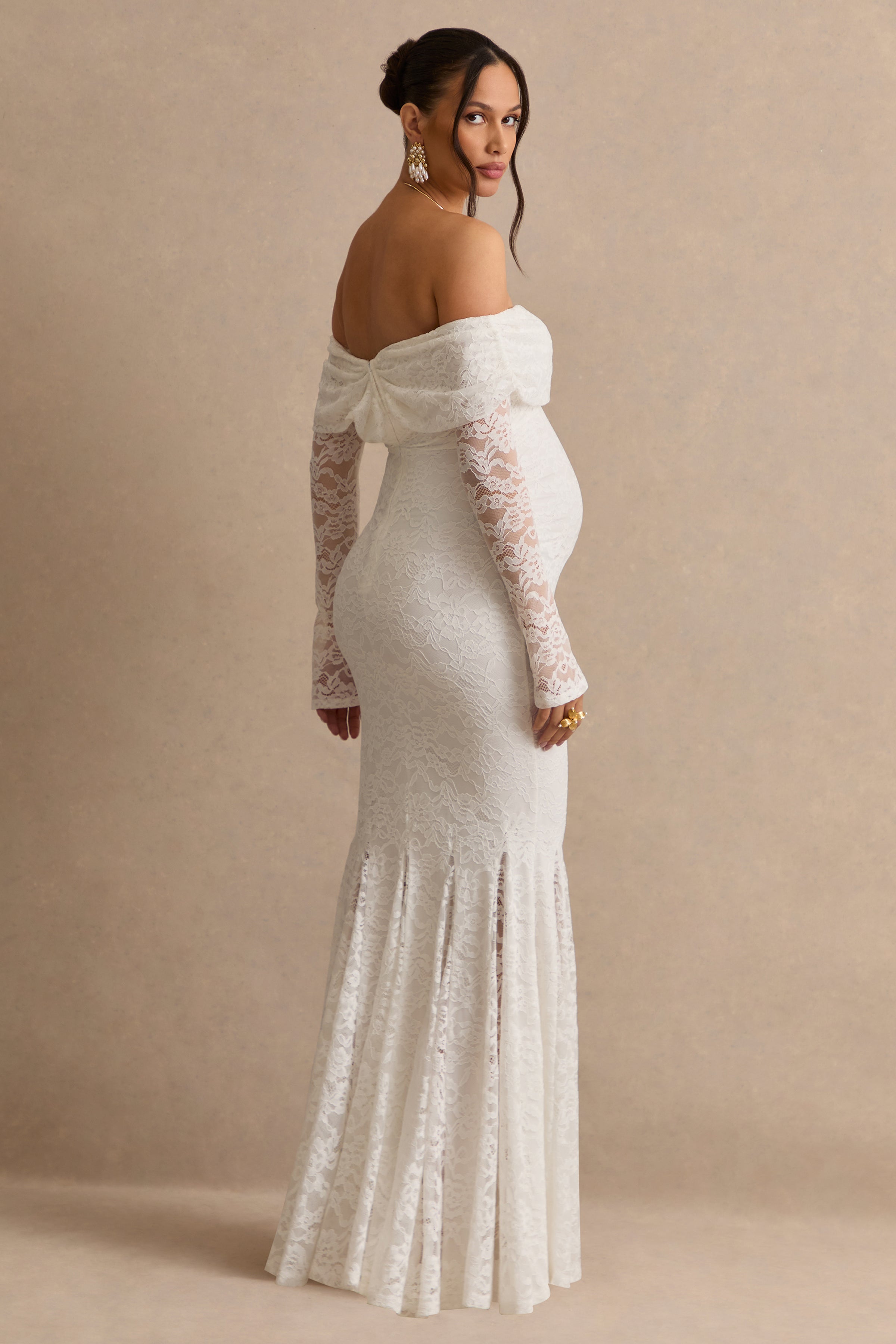 Valleria | White Lace Bardot-Neck Maternity Maxi Dress