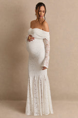 Valleria | White Lace Bardot-Neck Maternity Maxi Dress