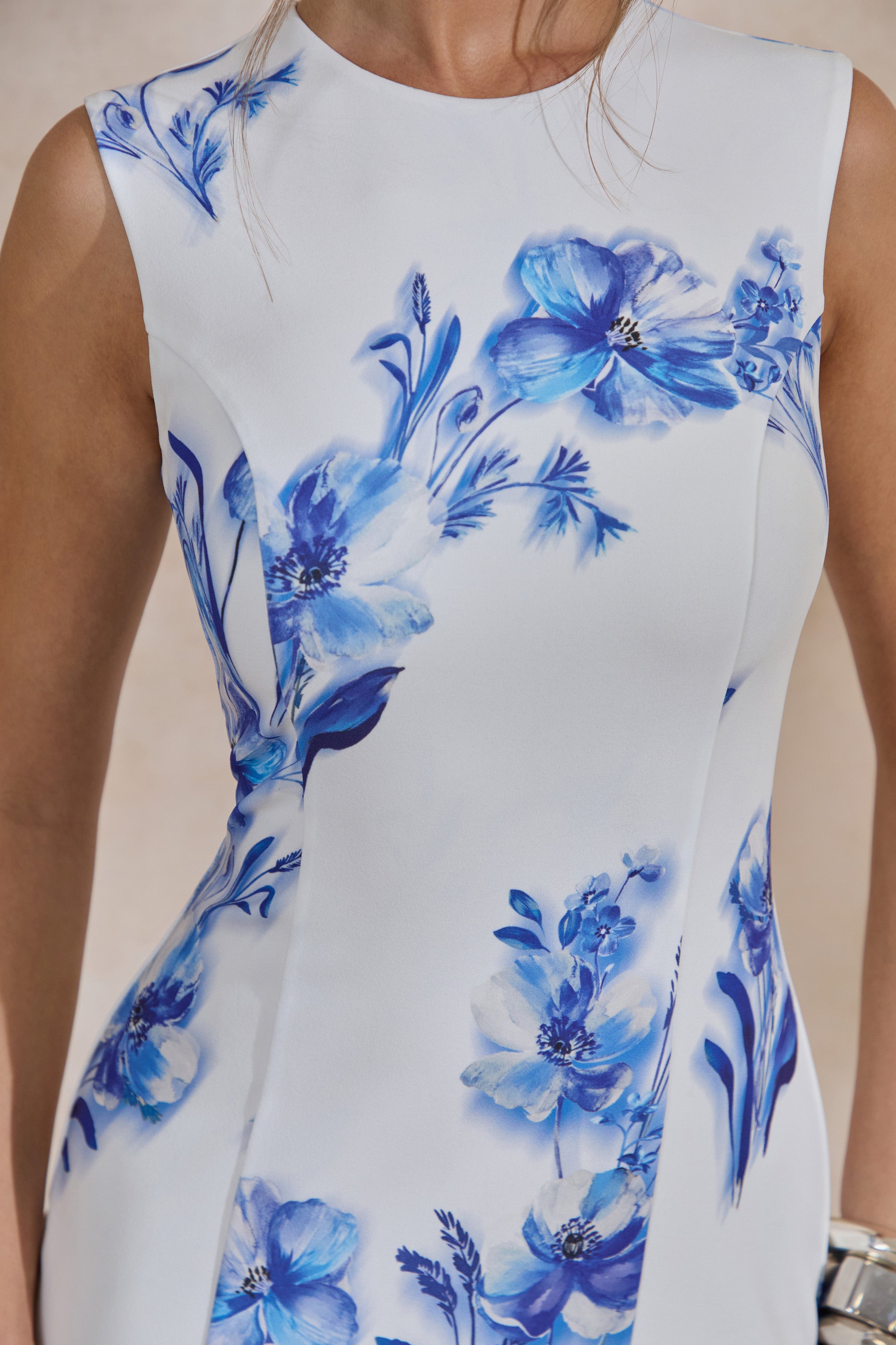 Isalyn | Blue Floral Print Round-Neck Midi Dress With Asymmetric Hemline