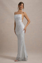 Quartz | Silver Hotfix Square-Neck Open-Back Maxi Dress