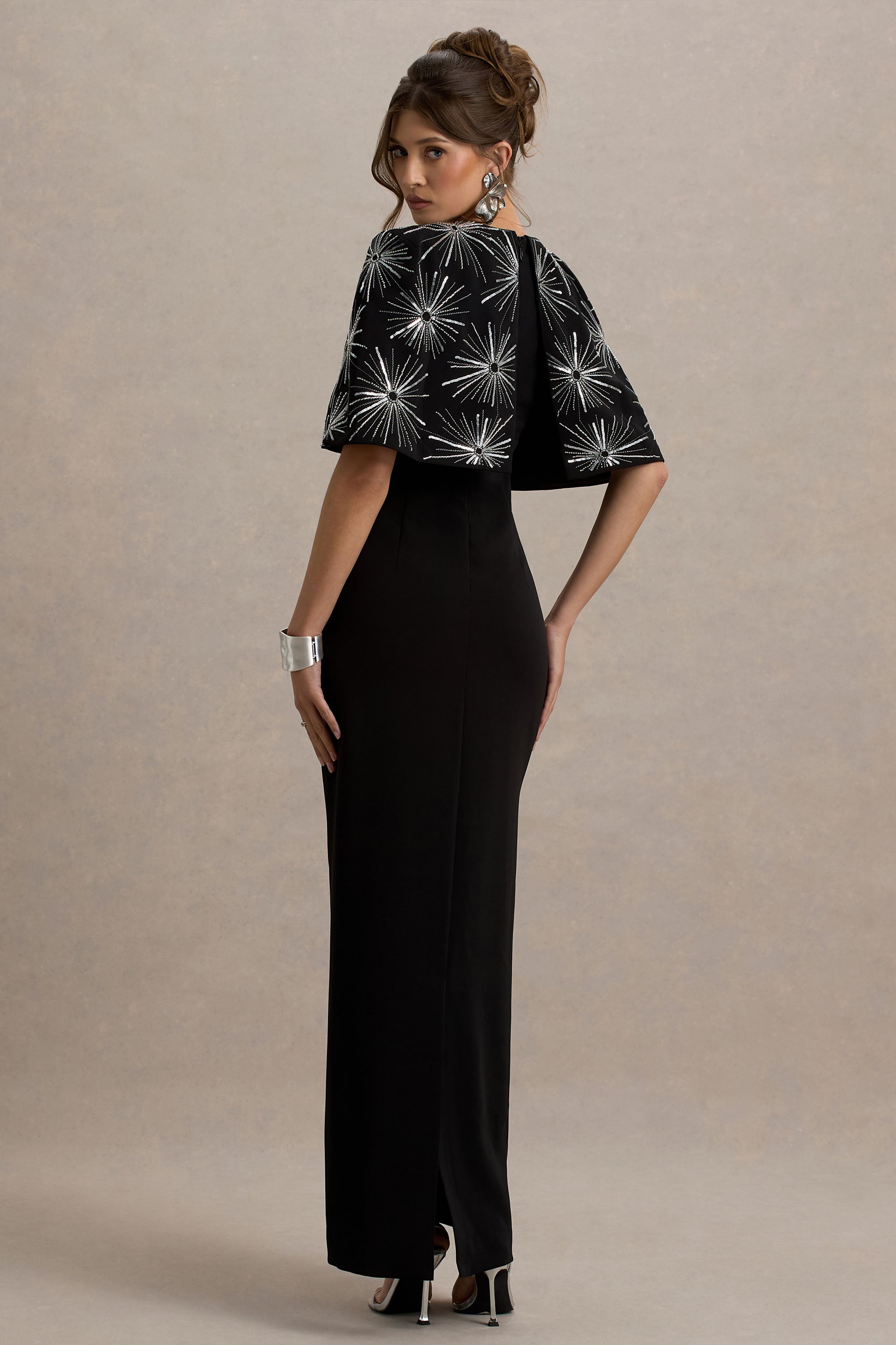 Agnella | Black Embellished V-Neck Maxi Dress