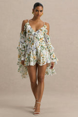 Anaya | Lemon Floral Print Chiffon Romper With Long Sleeves