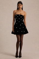 Tessa | Black Hand-Embellished Velvet Bandeau Mini Dress
