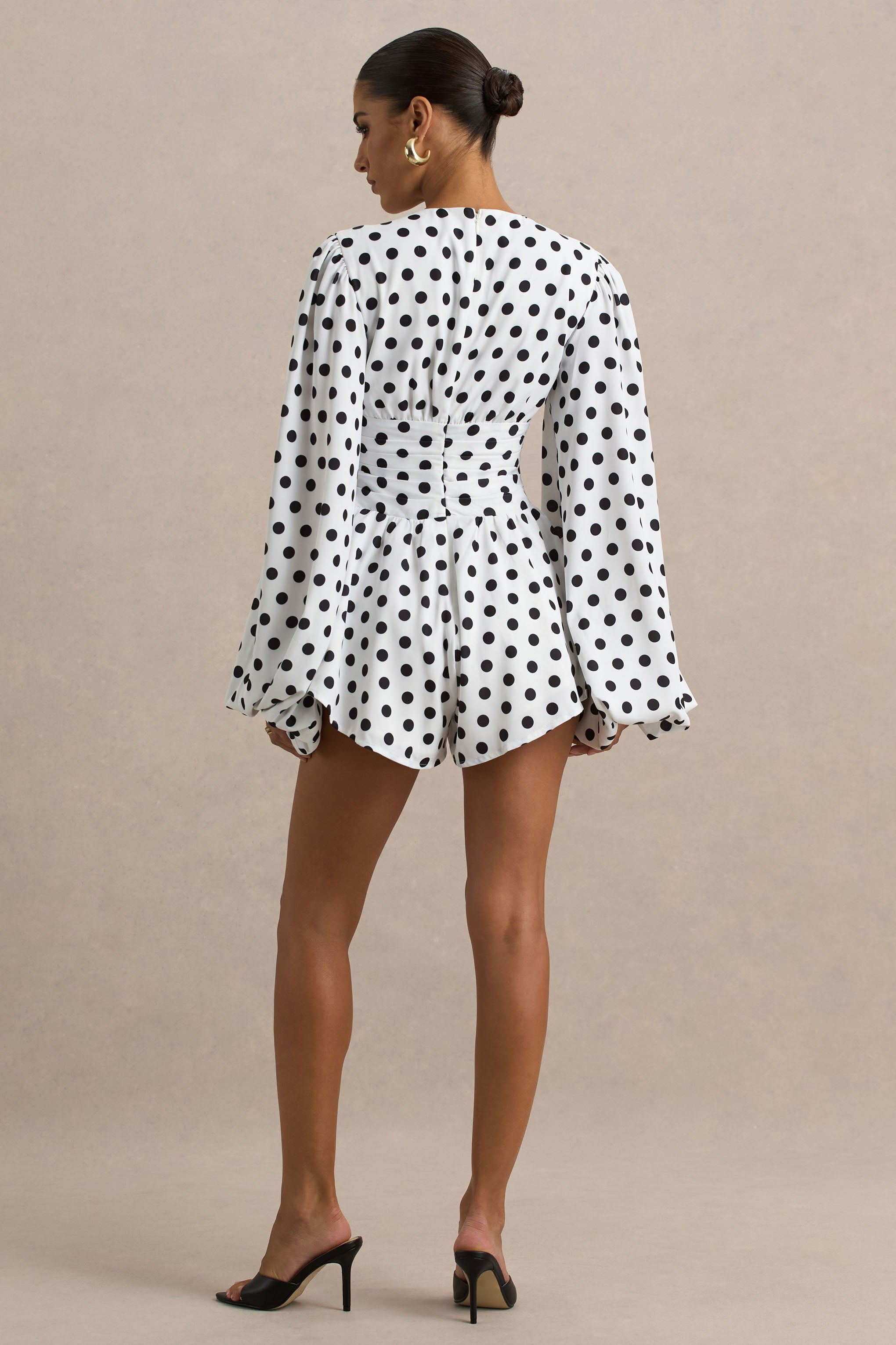Laurel | White Polka Dot V-Neck Balloon Sleeve Romper