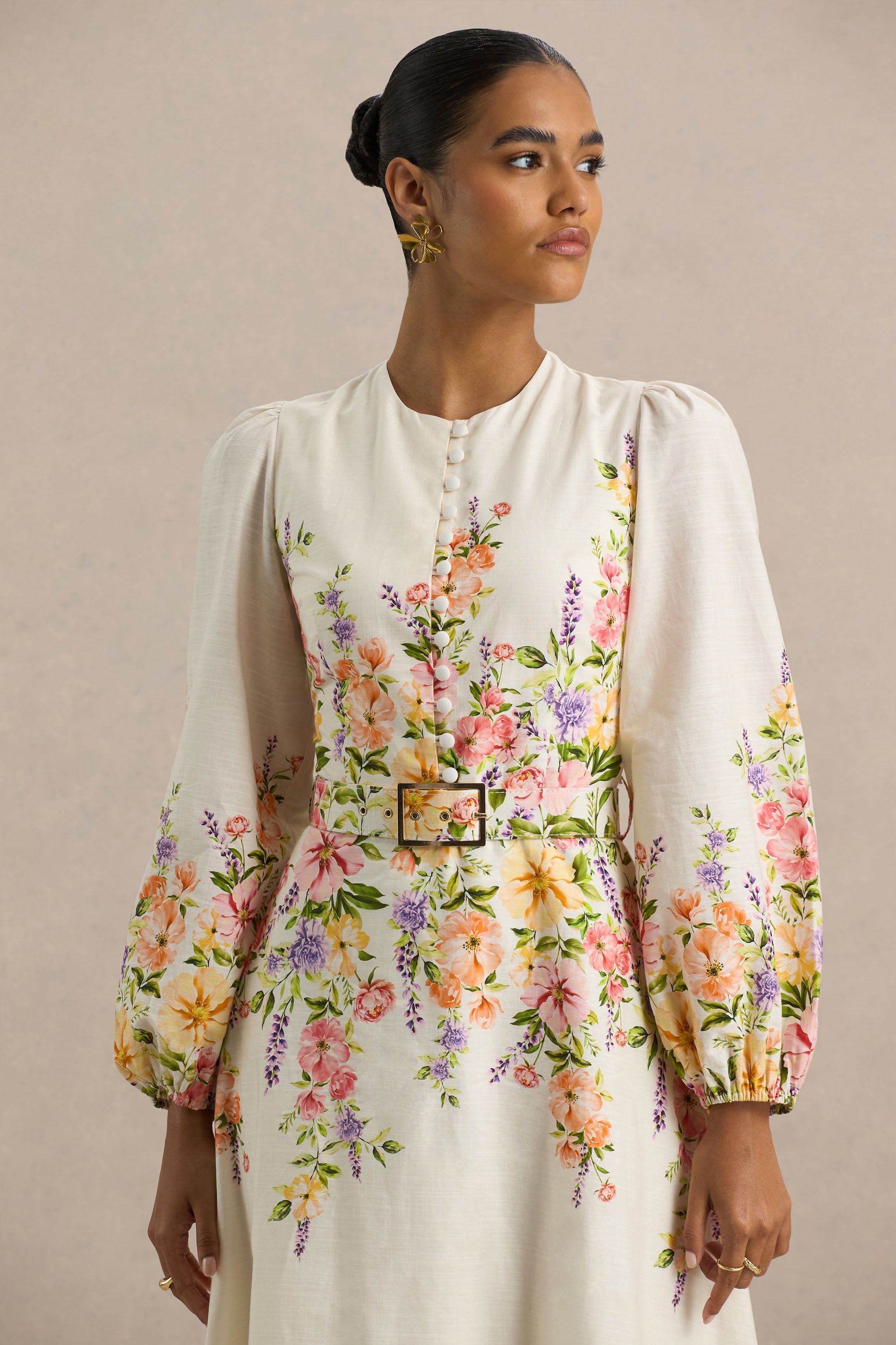 Dahlia | White Floral Border Print High-Neck Midi Dress